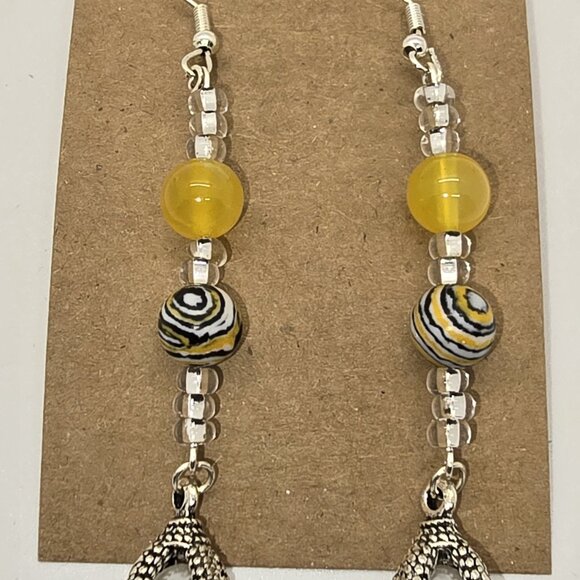 Yellow bead with swirls and dragon claw charm with faux pearl, Dangle Earrings - Picture 4 of 7